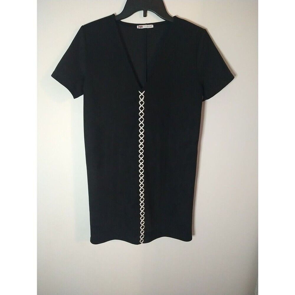 Zara Knee-length Velor V-neck Dress Md boho edgy officey Black